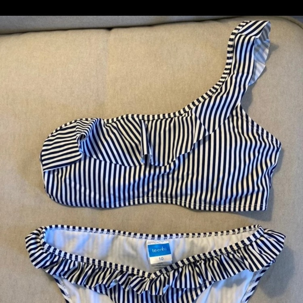 Striped Navy/White One Strap Bikini Med.